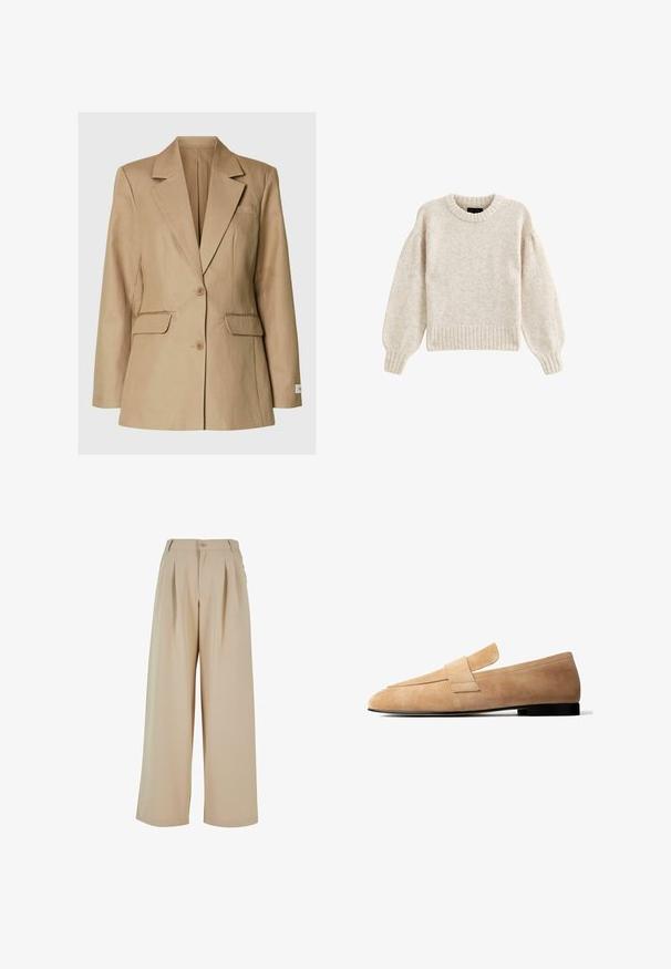 Blazer beige de un solo pecho con solapas con muesca, dos bolsillos delanteros con solapa, bolsillo de ojal en el pecho y dos botones en el centro.; Suéter de punto beige claro con cuello redondo, dobladillo acanalado y mangas voluminosas. Textura suave y corte relajado.; Pantalones de pierna ancha beige con pliegues en la parte delantera, cierre de botón y una textura suave. Presenta una cinturilla entallada y bolsillos laterales.; Mocasín de ante marrón claro con un tacón bajo negro y una amplia tira decorativa en la parte superior, mostrado de perfil sobre un fondo blanco.