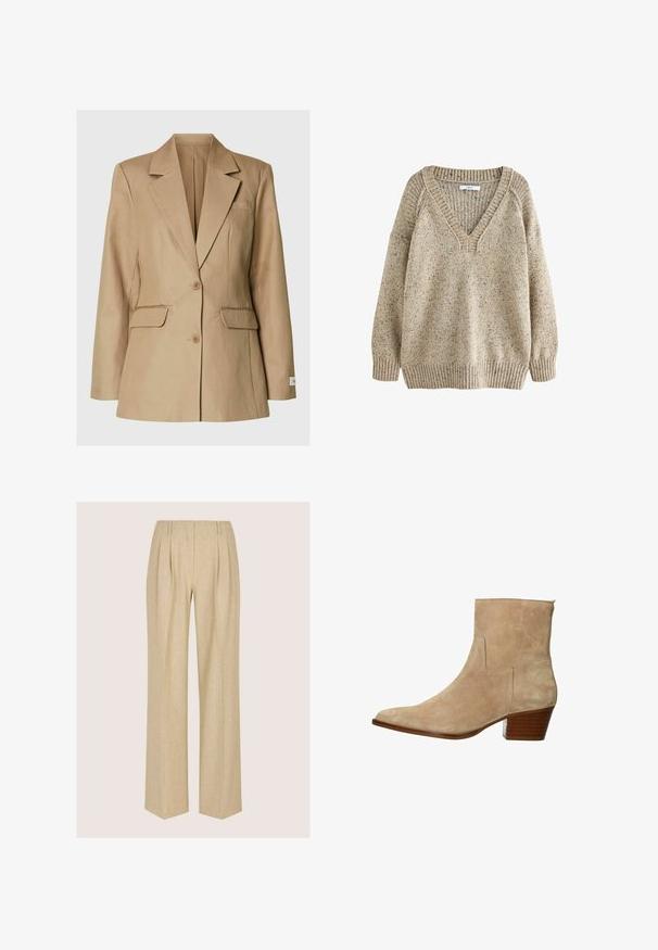Beige blazer met enkele rij knopen, met ingesneden revers, twee klepzakken aan de voorkant, een borstzak met bies, en twee knopen middenvoor.; Beige gebreide trui met een V-hals, ribgebreide manchetten en zoom. De textuur heeft een gemêleerd patroon, wat de visuele details versterkt.; Beige wijde broek met een gestructureerde afwerking, voorzien van plooien aan de voorkant, een hoge taille en een rechte silhouet. Geen zichtbare hardware of patronen.; Beige suède enkellaarsje met een puntige neus en een gestapeld houten hak, met minimale stiknaad en een gladde textuur.