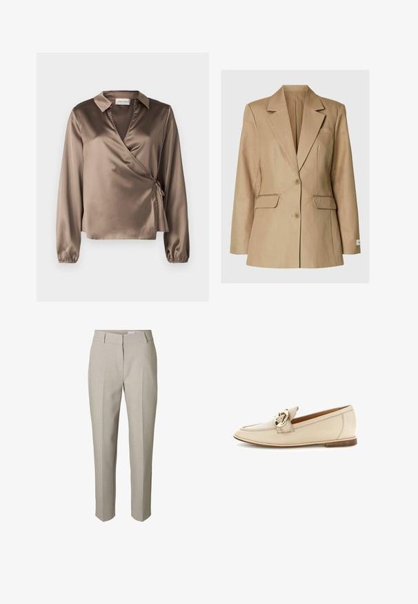 Beige yksirivinen bleiseri lovikauluksilla, kahdella etutaskulla, rinnassa ohut tasku ja keskellä kaksi painiketta.; Ruskea satiinitoppi, jossa on pitkät hihat, kaulus ja sivusolmu-yksityiskohta. Tasainen rakenne, jossa on hieno kiilto, ja V-pääntie.; Beiget räätälöidyt housut vyölenkeillä, etuvetoketjulla ja prässätyillä taitteilla lahkeissa, valkoista taustaa vasten esitettynä.; Beige nahkainen loafer-mokkasiini, jossa on matala korko ja kullanvärinen solkisomistus päälliosassa, esitetty valkoista taustaa vasten.