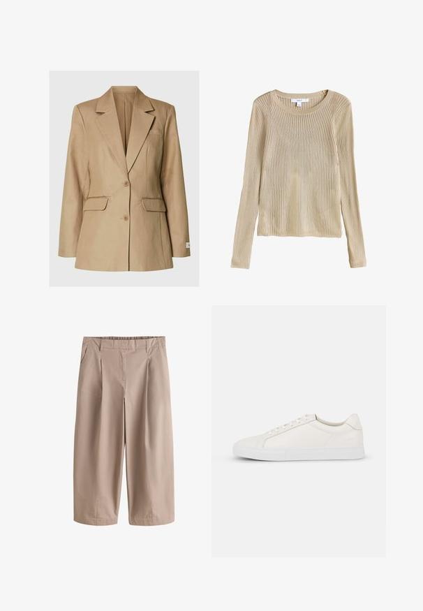 Beige enkeltbreasted blazer med hakerevers, to forlommer med klap, brystlomme med rev og to knapper midt foran.; Beige ribstrikket langærmet sweater med rund halsudskæring og slim fit, vist fladt med synligt mærke ved kraven.; Beige vidde, cropped bukser med bæltestropper, sidelommer, frontfolder og små slids ved kanten.; Hvide lædersneakers med en glat tekstur, rund tå, snørebånd foran og flad gummisål. Enkelt design uden mønstre eller accenter.