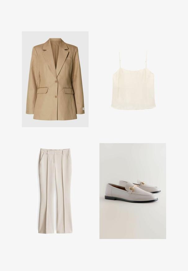 Beige einreihiger Blazer mit Kerbkragen, zwei vorderen Pattentaschen, Brustleistentasche und zwei Knöpfen in der Mitte.; Cremefarbenes ärmelloses Camisole-Top mit dünnen verstellbaren Trägern und geradem Ausschnitt auf weißem Hintergrund.; Beige maßgeschneiderte Hosen mit zwei vorderen Taschen, flachem Frontdesign und geradem Bein. Glattes Material mit einem leichten Glanz und Plissee-Details.; Helle graue Lederloafer mit spitzem Zehenbereich, versehen mit einem goldfarbigen Metallakzent und einem niedrigen schwarzen Absatz. Glatte Textur, minimalistisches Design.