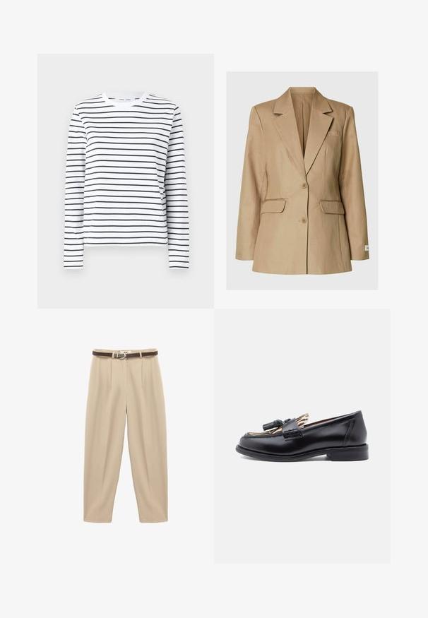 Beige enkeltbreasted blazer med hakerevers, to forlommer med klap, brystlomme med rev og to knapper midt foran.; Langærmet skjorte i hvid bomuld med sorte horisontale striber. Har en rund halsudskæring og en afslappet pasform. Ingen bemærkelsesværdige accenter eller mønstre.; Beige, højtaljede bukser lavet af glat stof, med et brunt bælte med en metalspænde, og frontfolder for ekstra struktur.; Sorte læder loafers med en rund tå, der har en vævet kwastdetalje og en kontrasterende dyreprint-foring. Lav, lige hæl.