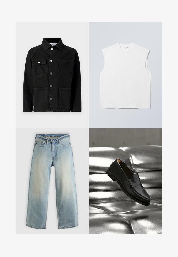 Veste en jean noire avec col à revers, boutons-pression, deux poches poitrine avant et deux poches inférieures plaquées. Texture lisse et coupe structurée.; Haut blanc sans manches en coton à col rond avec épaules structurées, marqué "WEEKDAY" sur l'étiquette du col, présenté sur un fond gris clair.; Jean denim bleu clair à jambes larges avec une finition délavée. Comprend un design standard à cinq poches et une fermeture à bouton métallique.; Mocassin en cuir noir flottant au-dessus d'un canapé en cuir argenté brillant matelassé à boutons dans un décor minimaliste.