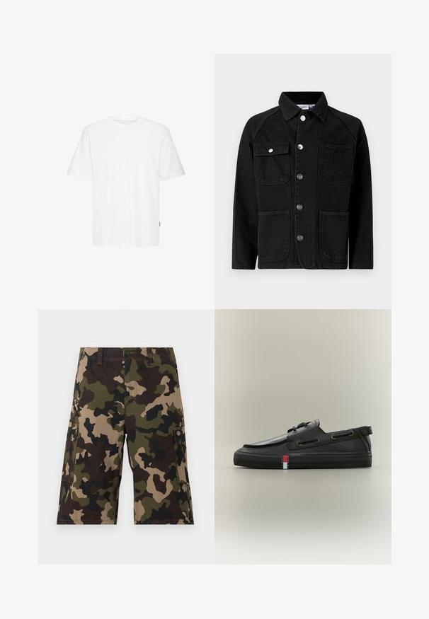 Veste en jean noire avec col à revers, boutons-pression, deux poches poitrine avant et deux poches inférieures plaquées. Texture lisse et coupe structurée.; T-shirt blanc en coton avec manches courtes, col rond, coupe droite et petite étiquette de marque sur le côté. Texture lisse.; Shorts cargo pour hommes à longueur genoux avec un motif camouflage vert, marron et beige, comportant plusieurs poches et une fermeture à bouton.; Chaussure bateau en cuir noir avec détails en lacets, semelle en caoutchouc plate, et petit logo Tommy Jeans rouge, blanc et bleu sur le côté.