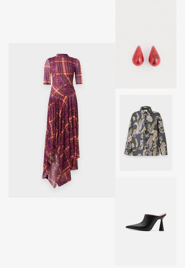 Jas met knopen, met een groen, blauw en beige botanische print, met grote voorzakken en een kraag.; Paarse en oranje geruite jurk met korte mouwen, een nepbies, een asymmetrische zoom en vloeiende plooien met een mix van geometrische patronen.; Zwarte leren muiltjes met een spitse neus en een unieke kegelvormige hak. Glad oppervlak en minimalistisch ontwerp, open achterkant voor gemakkelijk aan- en uittrekken.; Rode druppelvormige oorbellen gemaakt van glanzend hars, met een gemarmerde textuur in donkerdere rode en zwarte patronen. Glad oppervlak, symmetrisch ontwerp.