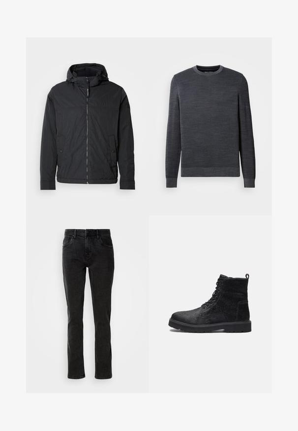 Veste noire à capuche en tissu léger et texturé. Elle possède une fermeture éclair, deux poches avant et des poignets élastiques. Design simple.; Pull en gris foncé avec un col rond, des manches longues et un tricot texturé. Petit logo sur la poitrine, poignets et ourlet côtelés.; Jeans en denim noir avec une coupe droite, cinq poches et des détails de couture subtils. Fabriqués en coton solide, adaptés pour un usage décontracté.; Bottines noires à cheville avec un dessus texturé, présentant un laçage à l'avant, une semelle en caoutchouc robuste et une languette à l'arrière pour un enfilage facile.