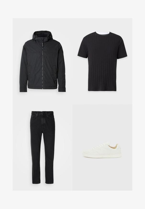 Sort hættetrøjejakke lavet af let, tekstureret stof. Har lynlås, to forlommer og elastiske manchetter. Enkel design.; Sort kortærmet ribstrikket t-shirt med hvid rundhalskant, vist på en ensfarvet baggrund.; Sorte denim jeans med lige ben-design, med knap- og lynlåslukning, forlommer og subtile teksturer.; Hvid lavt snøresneaker i læder med hvide snørebånd og tekstureret sål, vist fra ydersiden på en lysegrå baggrund.