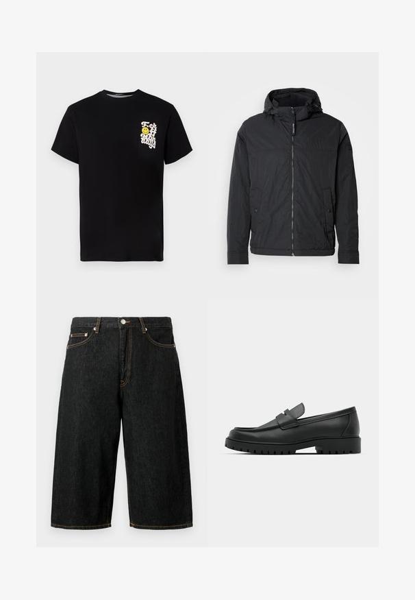 Schwarze Kapuzenjacke aus leichtem, strukturiertem Stoff. Verfügt über einen Reißverschluss, zwei Vordertaschen und elastische Bündchen. Schlichtes Design.; Schwarzes Baumwoll-T-Shirt mit Rundhalsausschnitt, kurzen Ärmeln und einer weißen Grafik mit einem gelben Smiley-Gesicht auf der Brusttasche.; Schwarze, kniehohe Denim-Shorts mit Vordertaschen, Gürtelschlaufen, Knopfverschluss und gelben Kontrastnähten.; Schwarze Lederloafer mit runder Zehenform, ausgestattet mit einem gesteppten Design, niedrigem Plattformsohle und einer strukturierten, genoppten Gummisohle.
