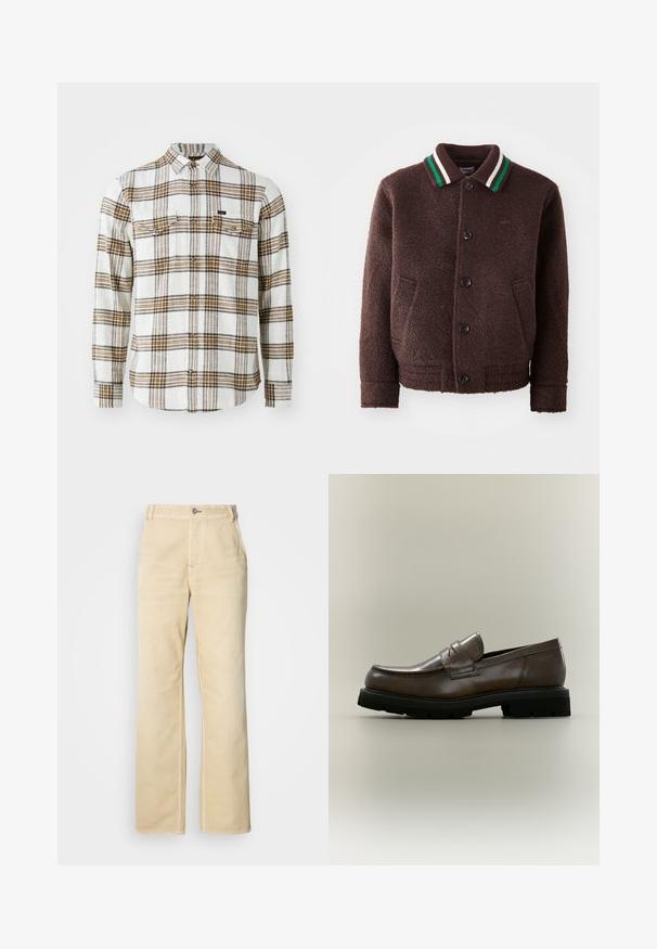 Chaqueta de mezcla de lana marrón con cierre de botón, dos bolsillos delanteros y un cuello acanalado con rayas verdes y blancas. Tejido suave y texturizado.; Lee CLEAN WESTERN - Camisa - ecru ochre plaid; Pantalones anchos color caqui hechos de algodón suave, con cierre de un solo botón, bolsillos delanteros y costuras visibles a lo largo de las uniones.; Mocasín de cuero marrón con suela gruesa de goma negra, tacón bajo y una correa en la parte superior, mostrado de lado sobre un fondo neutro.