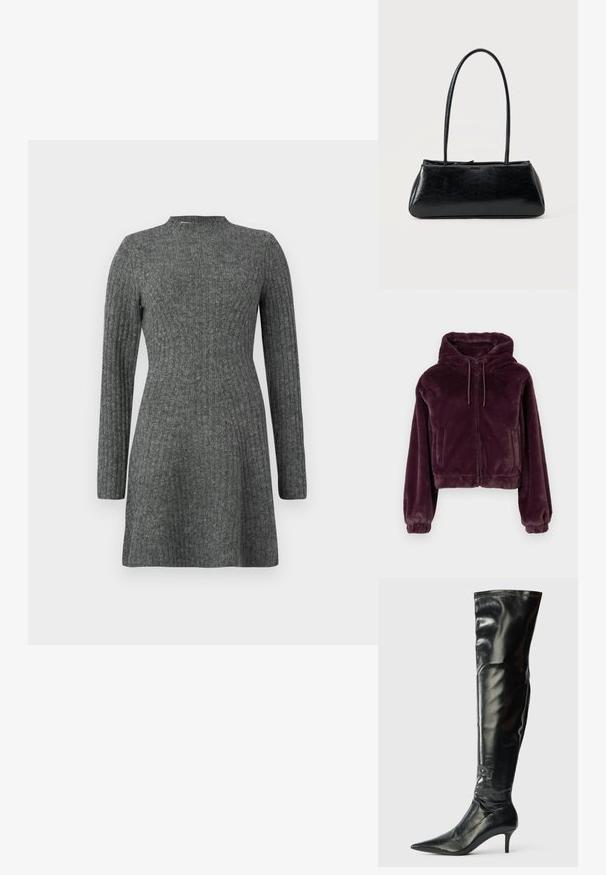 Tumedat purpursed plush zip-up kapuutsiga jakid koos köitega, elastsete varrukate, kahe külje tasku ja lühendatud lõikega.; Korts mitmevärviline, tumedashall ribikleid, millel on pikad varrukad ja kõrge kaelus, valmistatud pehmest ja tekstuurilisest kangast.; Knee-high mustad musta nahast saapad läikiva pinnaga, terava ninaga ja õhukese stilettokanna. Omab tihedat ülemist osa, millel on õmblusdetailid.; Must ristkülikukujuline õlakott pikkade õhukeste rihmade ja siledapoolse, läikiva tekstuuriga ühevärvilisel taustal.