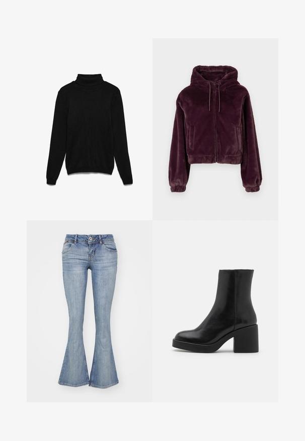 Mørk lilla plush zip-up hættetrøje med snore, elastiske manchetter, to sidelommer og en cropped pasform.; Sort rullekrave-trøje lavet af strikket stof. Har lange ærmer, ribbet krave og en afslappet pasform. Ingen synlige mønstre eller detaljer.; BDG Urban Outfitters BROOKE - Jeans Relaxed Fit - light vintage; Sort læder ankelstøvle med rund tå og kraftig blokhæl. Glat tekstur, minimalistisk design og ingen synligt hardware eller detaljer.