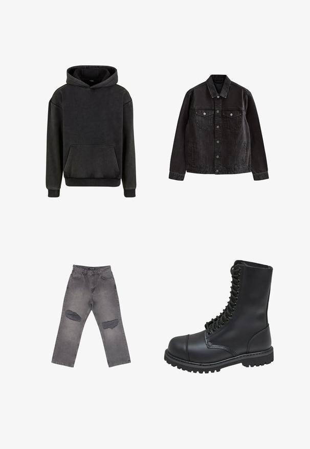 Schwarze Jeansjacke mit Knopfleiste, zwei Brustklappentaschen mit Knöpfen, Seitentaschen und klassischem Kragen.; Urban Classics Kapuzenpullover - magnet; Hoch taillierte graue Denim-Jeans mit weitem Bein und großen abgenutzten Stellen an beiden Knien, mit Taschen vorne und Gürtelschlaufen.; Schwarze Lederkampfstiefel mit hohem Schaft, Schnürung an der Vorderseite, gepolstertem Kragen und rutschfester, strukturierter Sohle für guten Halt. Mit verstärkter Zehenkappe.