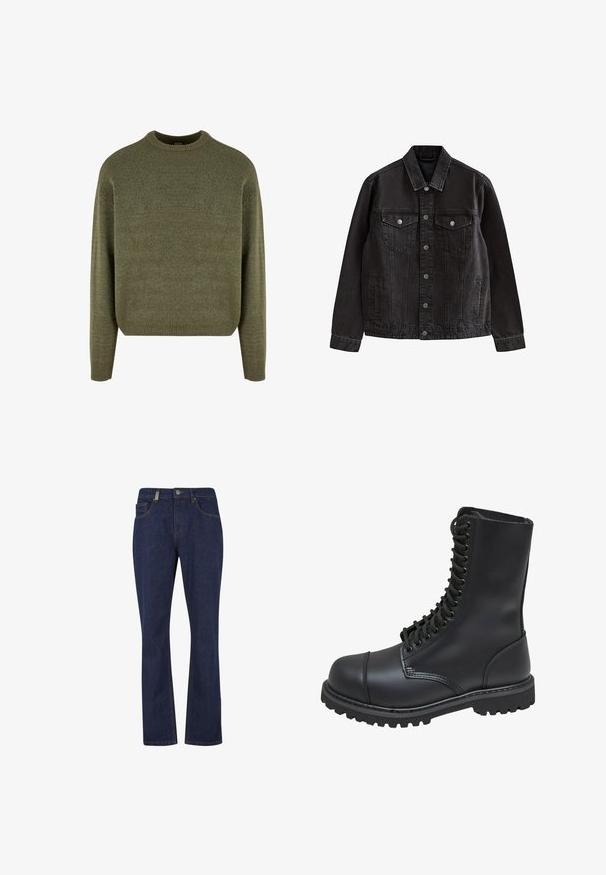 Sort denimjakke med knapper foran, to brystlommer med klap og knapper, sidelommer og klassisk krave.; Grøn uldblandings sweater med rund hals, ribbede manchetter og kant, samt en blød, struktureret finish. Klassisk, afslappet pasform med sænkede skuldre.; Mørkeblå jeans med lige ben, foran med knap og lynlås, med forreste og bageste lommer samt synlige sømdetaljer.; Sort læder kampstøvle med høj skaft, snørebånd foran, polstret krave og en robust tekstureret sål for godt greb. Har forstærket tåhætte.