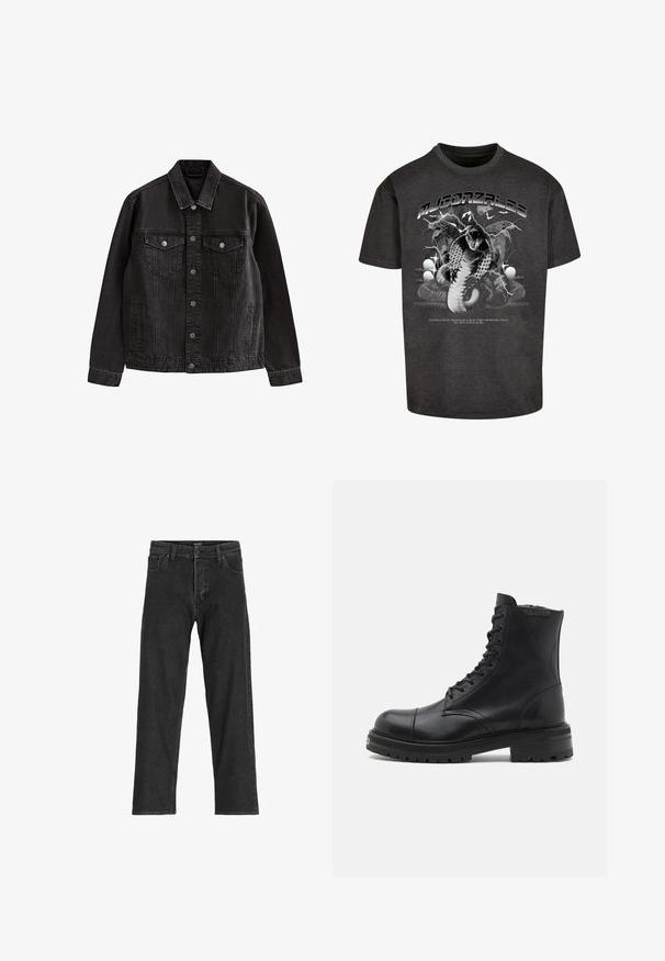 Sort denimjakke med knapper foran, to brystlommer med klap og knapper, sidelommer og klassisk krave.; Sort t-shirt med et centralt grafik af en slange og kranier, med stiliseret tekst ovenfor og lyn. Fremstillet af bomuldsstof, kortærmet.; Sorte denim jeans med lige ben-design, som har lynlås, bæltestropper og seks lommer, lavet af et robust bomuldsblandingsstof.; AllSaints HANK - Snørestøvletter - black