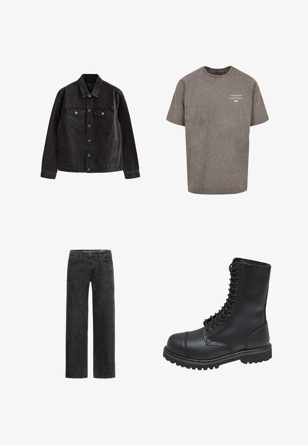 Zwarte spijkerjas met knopen aan de voorkant, twee borstflapzakken met knopen, zijzakken en een klassieke kraag.; Grijze oversized katoenen T-shirt met een ronde hals, korte mouwen, verouderde textuur en witte bedrukte tekst op de voorkant.; Zwarte denim jeans met een ontspannen pasvorm, rechte pijpen, vijf-pocket ontwerp en een subtiele vervaagde textuur. Voorzien van een knoop- en ritssluiting.; Zwarte leren gevechtslaars met een hoge schacht, vetersluiting aan de voorkant, gewatteerde kraag en een stevige, gestructureerde zool voor grip. Bevat een versterkte neus.