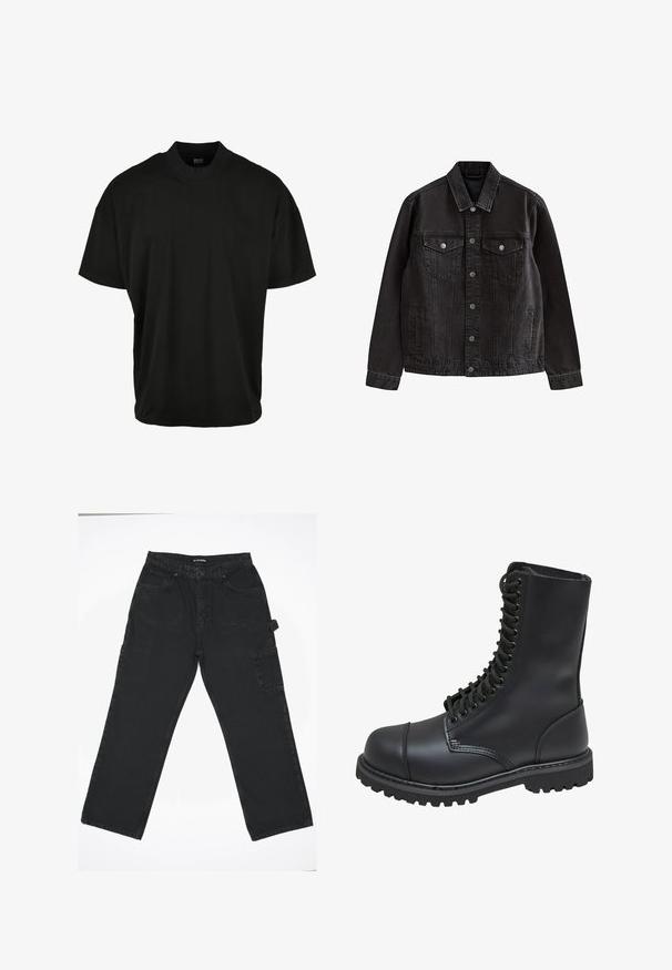 Chaqueta de denim negra con cierre frontal de botones, dos bolsillos en el pecho con solapa y botones, bolsillos laterales y cuello clásico.; Camiseta de manga corta negra con diseño de cuello redondo, hecha de tela suave, que presenta un ajuste relajado y sin patrones o acentos visibles.; Pantalones de mezclilla negra con un diseño de pierna recta, que cuentan con un cierre frontal de botón, bolsillos traseros y un bolsillo lateral tipo cargo.; Bota de combate de cuero negro con caña alta, parte frontal con cordones, cuello acolchado y suela texturizada resistente para un buen agarre. Presenta una puntera reforzada.
