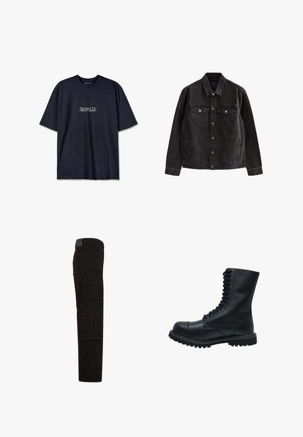 Chaqueta de denim negra con cierre frontal de botones, dos bolsillos en el pecho con solapa y botones, bolsillos laterales y cuello clásico.; Camiseta de algodón negra con cuello redondo, que presenta un logo impreso en blanco "Pescador Club" y "Scent of Summer" en el frente. Mangas cortas.; Pantalones cargo negros con múltiples bolsillos grandes con solapa, trabillas para cinturón y corte de pierna recta, mostrados de perfil.; Botín de cuero negro con cordones, punta redonda, caña alta, suela de goma gruesa y superficie texturizada. Presenta costuras reforzadas a lo largo de las uniones.