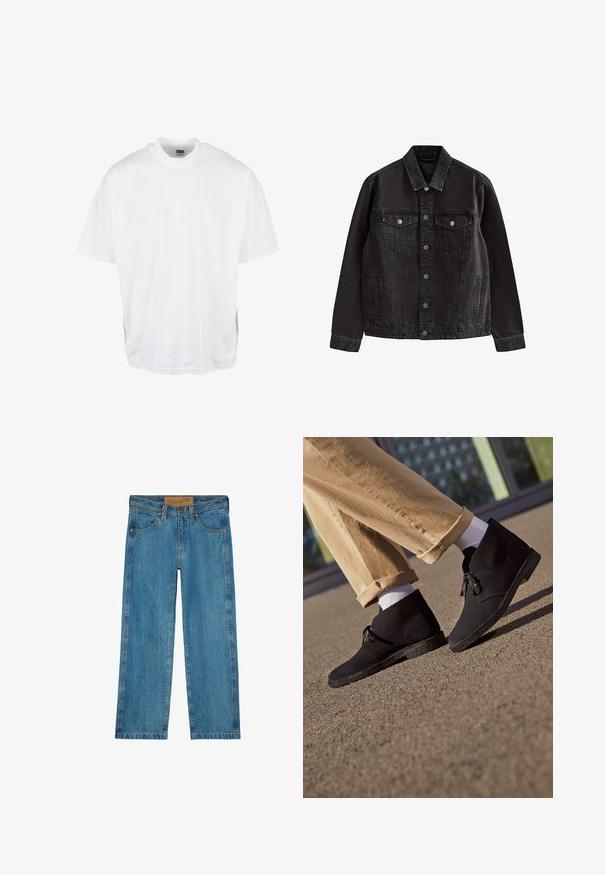 Chaqueta de denim negra con cierre frontal de botones, dos bolsillos en el pecho con solapa y botones, bolsillos laterales y cuello clásico.; Camiseta de algodón blanca con un corte relajado, mangas cortas y cuello redondo, que presenta un dobladillo recto y sin gráficos ni patrones visibles.; Vaqueros azul denim de corte recto con bolsillos delanteros, trabillas para el cinturón, cierre de botón y una etiqueta de cuero de la marca en la cintura.; Botas de ante negras hasta el tobillo con una suela texturizada, presentan una punta redondeada y un cierre de cordones, combinadas con pantalones caqui enrollados y calcetines blancos.