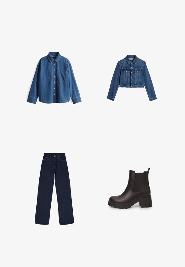 Blaue kurze Jeansjacke mit langen Ärmeln, Knopfleiste vorne und zwei Brustklappen auf weißem Hintergrund.; Jeanshemd, hellblau, langärmlig, Knopfleiste vorne, Kragen, eine Brusttasche, kontrastierende Nähte und ein lässiger Schnitt.; Dunkelblaue Schlagjeans aus Denim. Zu den Merkmalen gehören ein Knopfverschluss, fünf Taschen und feine Nähte. Glatte Textur.; Schwarze Leder-Stiefeletten zeichnen sich durch eine dicke, strukturierte Sohle und seitliche elastische Einsätze aus. An der Rückseite befindet sich eine Zuglasche für ein einfaches Anziehen.