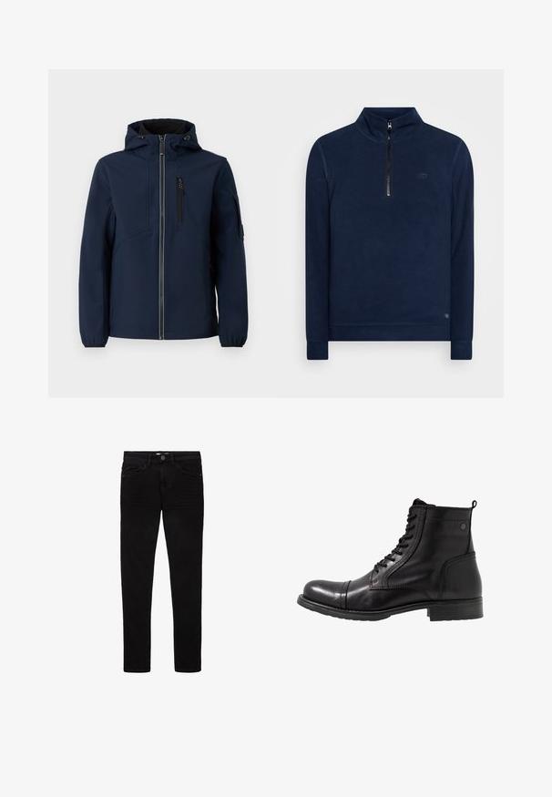 Navyblaue Softshell-Jacke mit Reißverschluss vorne, verstellbarem Kapuzenbereich, seitlichen Taschen und elastischen Bündchen. Glatte Textur mit stromlinienförmigem Design.; Navy Fleece-Pullover mit halb zu öffnendem Kragen, gerippten Bündchen und einem dezenten Logodetail auf der Brust. Weiche Textur und klassisches Design.; Schwarze Jeans aus Denim mit schlanker Passform, fünf Taschen und Knopfverschluss. Glatte Textur und minimale Nähte.; Schwarze Leder-Stiefeletten mit runder Zehenpartie, geschnürtem Vorderteil, strukturierten Akzenten und einem niedrigen, klobigen Absatz.