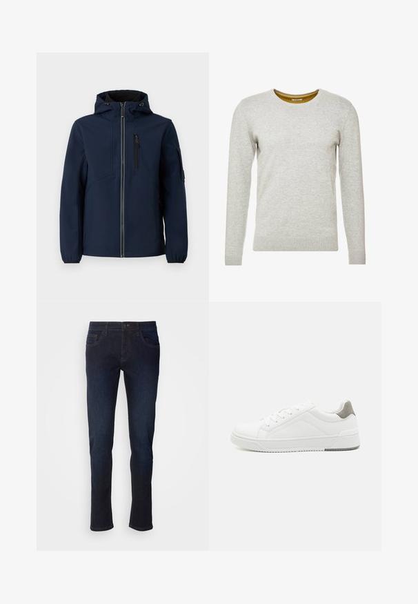 Marineblauwe softshell jacket met een rits aan de voorkant, verstelbare capuchon, zijzakken en elastische manchetten. Gladde textuur met een gestroomlijnd ontwerp.; TOM TAILOR CREW NECK - Trui - light soft grey melange; Donkerblauwe denim jeans met een rechte pijp, voorzien van voorzakken, een ritssluiting en subtiele stikdetails.; Witte sneaker van glad leer met een ronde neus, minimalistisch ontwerp, grijze hielaccent en een geplaatste rubberen zool.