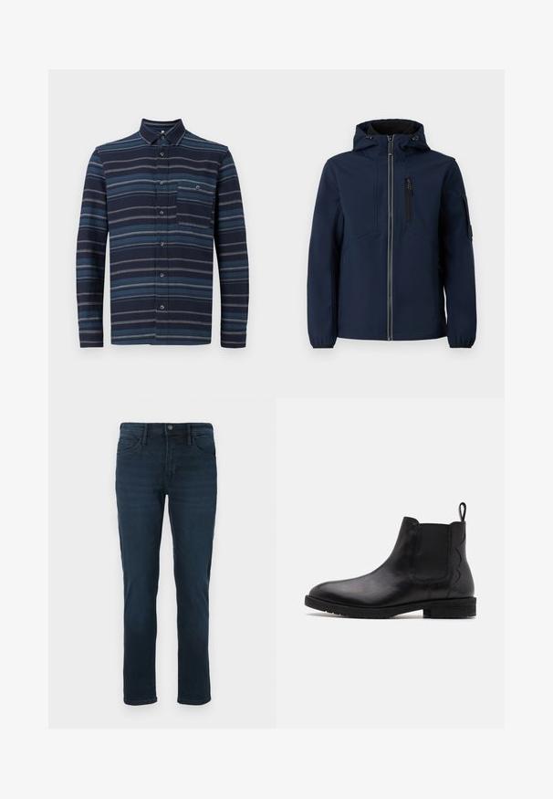 Marineblå softshell-jakke med lynlås foran, justerbar hætte, sidelommer og elastiske manchetter. Glat tekstur med strømlinet design.; Langærmet skjorte med knapper, der har en marineblå baggrund med varierende blå vandrette striber, en krave og en brystlomme. Blød tekstur.; Mørkeblå denimjeans med lige ben, der har fem lommer, knaplukning og diskret slidfornemmelse på forsiden.; Sort læder Chelsea støvle med elastiske sidestykker, rund tå og lav blokhælfod. Har en løftestrop bagpå for nem påtagning.