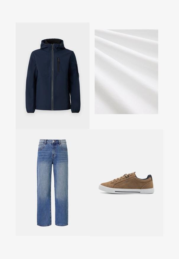 Marineblå softshell-jakke med lynlås foran, justerbar hætte, sidelommer og elastiske manchetter. Glat tekstur med strømlinet design.; Bomuldsstof, hvid farve, glat tekstur med subtile folder og krøller. Jævn overflade, let reflekterende, uden mønstre eller accenter.; Lys blå denim bred benjeans med et falme mønster, fem lommer og lynlås i gylpen. Har en knap og bæltestropper i taljen.; Brune ruskinds sneakers med beige snørebånd, hvid gummisål og en mørkeblå hælaccent. Har syede detaljer og et afslappet design.
