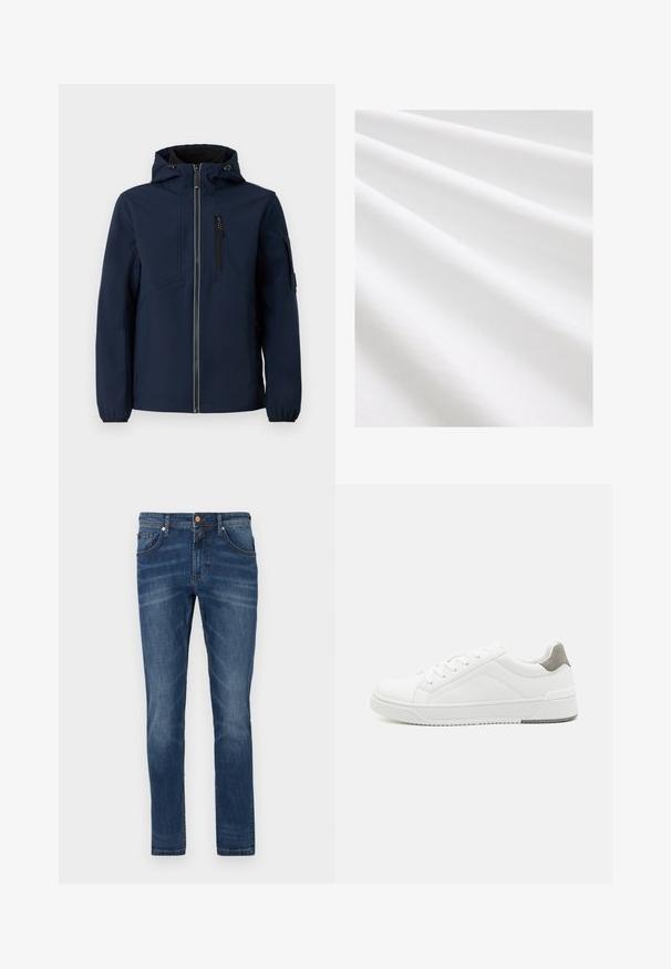 Marineblauwe softshell jacket met een rits aan de voorkant, verstelbare capuchon, zijzakken en elastische manchetten. Gladde textuur met een gestroomlijnd ontwerp.; Katoenen stof, witte kleur, zachte textuur met subtiele vouwen en plooien. Gelijke oppervlakte, licht reflecterend, zonder patronen of accenten.; Donkerblauwe denim jeans met een rechte pijp, vijf zakken, subtiele vervaging, contrasterende stiksels en een knoopsluiting in de taille.; Witte sneaker van glad leer met een ronde neus, minimalistisch ontwerp, grijze hielaccent en een geplaatste rubberen zool.