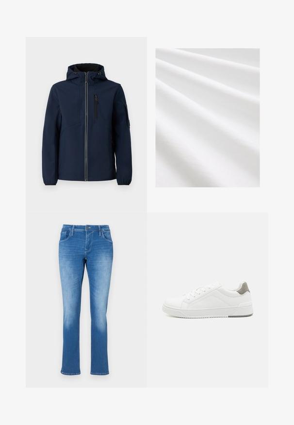 Navyblaue Softshell-Jacke mit Reißverschluss vorne, verstellbarem Kapuzenbereich, seitlichen Taschen und elastischen Bündchen. Glatte Textur mit stromlinienförmigem Design.; Baumwollstoff, weiße Farbe, glatte Textur mit subtilen Falten und Knicken. Gleichmäßige Oberfläche, leicht reflektierend, ohne Muster oder Akzente.; Blaue Jeans aus Denim mit geradem Bein, ausgestattet mit fünf Taschen, einem Reißverschluss und Kontrastnähten. Der Stoff hat eine mittlere Waschung mit Ausbleichungen.; Weißer Sneaker aus glattem Leder, runde Zehenpartie, minimalistisches Design, graue Fersenkante und strukturierte Gummisohle.