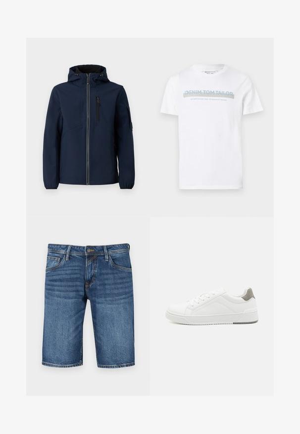 Marineblauwe softshell jacket met een rits aan de voorkant, verstelbare capuchon, zijzakken en elastische manchetten. Gladde textuur met een gestroomlijnd ontwerp.; Witte katoenen T-shirt met een ronde hals, korte mouwen en een blauw grafisch tekstontwerp met de tekst "DENIM TOM TAILOR opgericht 2007."; Donkerblauwe denim bermuda shorts met een rechte snit, vijf-pocket ontwerp en contrasterende stiksels. Knopen- en ritsluiting in de taille.; Witte sneaker van glad leer met een ronde neus, minimalistisch ontwerp, grijze hielaccent en een geplaatste rubberen zool.