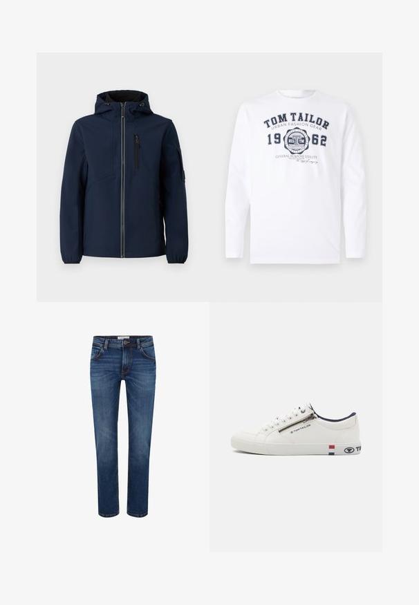 Chaqueta softshell azul marino con cierre frontal de cremallera, capucha ajustable, bolsillos laterales y puños elásticos. Textura suave con un diseño aerodinámico.; TOM TAILOR Camiseta de manga larga - white; Vaqueros de mezclilla en azul oscuro con un diseño de pierna recta, estilo de cinco bolsillos y costura en contraste. Cintura estándar con cierre de botón.; Zapatilla blanca con parte superior de cuero, punta redonda y detalles en marino contrastantes en el collar. Presenta un cierre con cremallera y acentos de logo en los lados.