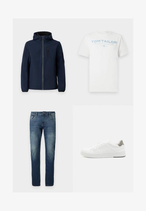 Marineblauwe softshell jacket met een rits aan de voorkant, verstelbare capuchon, zijzakken en elastische manchetten. Gladde textuur met een gestroomlijnd ontwerp.; Wit katoenen t-shirt met een lichtblauwe opdruk met de tekst "TOM TAILOR," "THE CASUAL DEPARTMENT" en "1962." Klassieke ronde hals en korte mouwen.; Blauwe denim jeans met een rechte pijp, vervaagde voorkant, contrasterende stiksels, vijf zakken en een knoopsluiting.; Witte sneaker van glad leer met een ronde neus, minimalistisch ontwerp, grijze hielaccent en een geplaatste rubberen zool.
