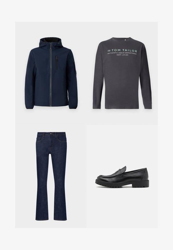 Marineblå softshell-jakke med lynlås foran, justerbar hætte, sidelommer og elastiske manchetter. Glat tekstur med strømlinet design.; TOM TAILOR PRINTED - Langærmet T-shirt - tarmac grey; Mørkeblå denim flare jeans med mellemhøj talje, fem lommer og kontrastsyninger. Glat tekstur med minimal slid.; Sorte læder loafers med rund tå, slip-on design og tyk gummisål med tekstureret greb. Forhøjet hæl og subtile syninger.