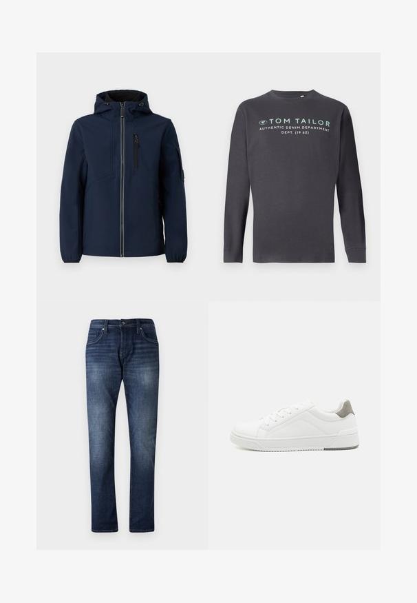 Marineblauwe softshell jacket met een rits aan de voorkant, verstelbare capuchon, zijzakken en elastische manchetten. Gladde textuur met een gestroomlijnd ontwerp.; TOM TAILOR PRINTED - Longsleeve - tarmac grey; Donkerblauwe denim jeans met een rechte pijpdesign, voorzien van een vervaagde wassing, vijf zakken en zichtbare stiksels langs de naden.; Witte sneaker van glad leer met een ronde neus, minimalistisch ontwerp, grijze hielaccent en een geplaatste rubberen zool.