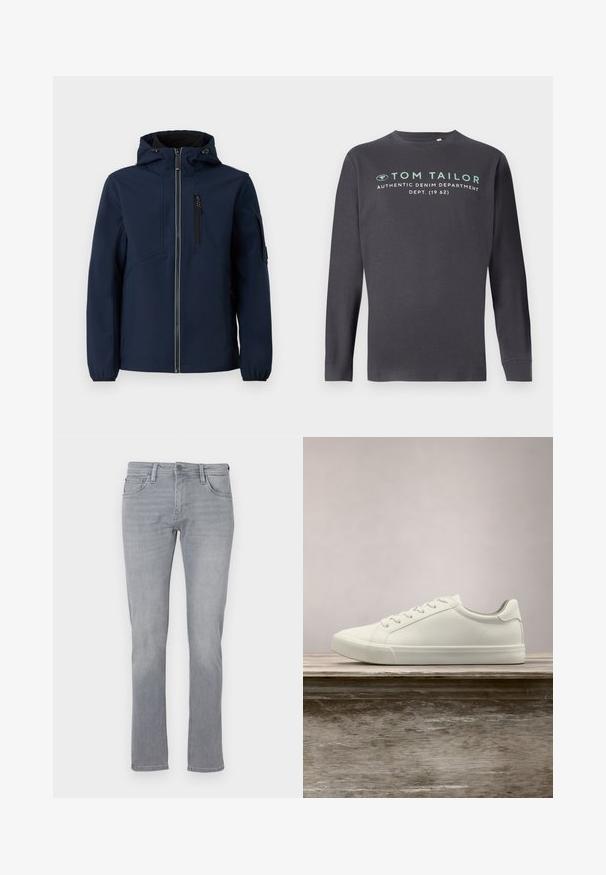 Navyblaue Softshell-Jacke mit Reißverschluss vorne, verstellbarem Kapuzenbereich, seitlichen Taschen und elastischen Bündchen. Glatte Textur mit stromlinienförmigem Design.; TOM TAILOR PRINTED - Langarmshirt - tarmac grey; Graue Jeans aus Denim mit geradem Bein, ausgestattet mit einem Frontknopf und einem Reißverschluss, fünf Taschen und subtilen Verwaschungen.; Weiße Schnürsneaker, die über einer Holzbank mit grünem Laub im Hintergrund schweben und das Schuhdesign sowie die Textur zeigen.