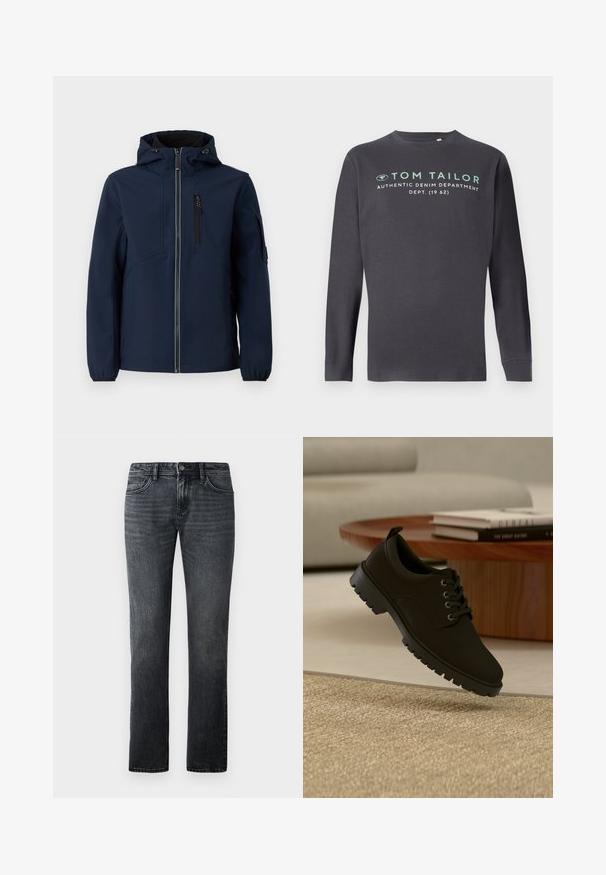 Navyblaue Softshell-Jacke mit Reißverschluss vorne, verstellbarem Kapuzenbereich, seitlichen Taschen und elastischen Bündchen. Glatte Textur mit stromlinienförmigem Design.; TOM TAILOR PRINTED - Langarmshirt - tarmac grey; Dunkelgraue Straight-Leg-Jeans aus Denim, mit einem klassischen Fünf-Taschen-Design und einem Knopfverschluss an der Taille.; Schwarzer Leder-Schnürschuh mit klobiger Sohle, der über einem beigen Teppich in einem minimalistischen Wohnzimmer schwebt