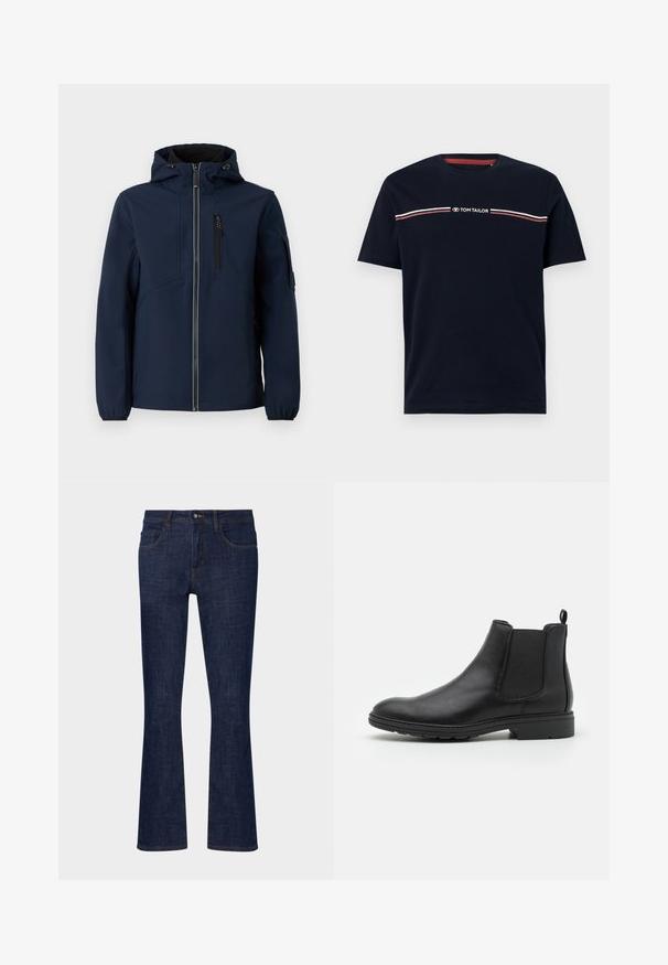 Marineblauwe softshell jacket met een rits aan de voorkant, verstelbare capuchon, zijzakken en elastische manchetten. Gladde textuur met een gestroomlijnd ontwerp.; Navyblauwe katoenen t-shirt met korte mouwen, ronde halslijn, met een witte en rode horizontale streepdetail en het "TOM TAILOR" logo.; Donkerblauwe denim flared jeans met een middelhoge taille, vijf zakken en contrasterende stiksels. Gladde textuur met minimale slijtage.; Zwarte leren Chelsea-boot met elastische zijpanelen en een trekhaak, met een ronde neus en een gestructureerde rubberen zool.
