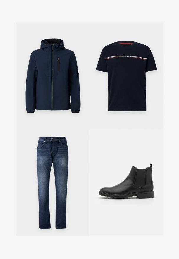 Marineblå softshell-jakke med lynlås foran, justerbar hætte, sidelommer og elastiske manchetter. Glat tekstur med strømlinet design.; Marineblå bomulds-t-shirt med korte ærmer og rund halsudskæring, med en hvid og rød horisontal stribedetalje og "TOM TAILOR" logo.; Mørkeblå denimjeans med lige ben design, der har en falmet vask, fem lommer og synlige stikninger langs sømmene.; Sort læder Chelsea-boot med elastiske sidepaneler og en løftestrop, der har en rund tå og en tekstureret gummisål.