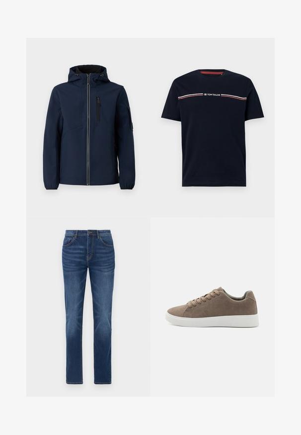 Navyblaue Softshell-Jacke mit Reißverschluss vorne, verstellbarem Kapuzenbereich, seitlichen Taschen und elastischen Bündchen. Glatte Textur mit stromlinienförmigem Design.; Marineblaue Baumwoll-T-Shirt mit kurzen Ärmeln und rundem Halsausschnitt, ausgestattet mit einem weißen und roten horizontalen Streifendesign und dem "TOM TAILOR" Logo.; Dunkelblaue Denim-Jeans mit klassischem gerade geschnittenem Schnitt, Fünf-Taschen-Design und leichtem Verblassen an den Beinen. Mit Knopf- und Reißverschluss.; Braune Wildledersneaker mit flachen weißen Gummisohlen, Schnürdesign, abgerundete Zehen und einer glatten Textur. Minimalistischer Stil mit dezenten Nähdetails.