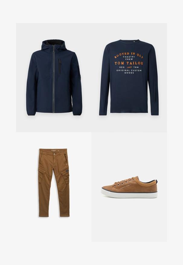 Veste softshell bleu marine avec fermeture éclair sur le devant, capuche réglable, poches latérales et poignets élastiques. Texture lisse avec un design épuré.; T-shirt à manches longues bleu marine avec col rond et texte orange et blanc : "ROOTED IN QLY COASTAL CREW TOM TAILOR 1962 ORIGINAL CUSTOM GOODS."; Pantalons cargo droits marron avec bouton avant, passants de ceinture, poches latérales et arrière, et fermetures à rabat sur les poches de cuisse.; Baskets en cuir marron avec un embout rond, semelle blanche et accents marine. Présente des œillets en métal et un col texturé.
