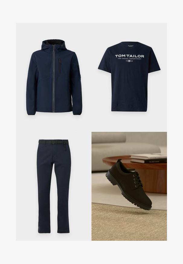 Veste softshell bleu marine avec fermeture éclair sur le devant, capuche réglable, poches latérales et poignets élastiques. Texture lisse avec un design épuré.; T-shirt en coton bleu marine avec un texte blanc en gras : "TOM TAILOR THE CASUAL DEPARTMENT 1962." Design à manches courtes et col rond.; Pantalon bleu marine à coupe droite, réalisé en tissu durable. Doté d'une ceinture noire et d'un design simple sans motifs.; Chaussure noire en cuir à lacets avec semelle épaisse flottant au-dessus d'un tapis beige dans un salon minimaliste.
