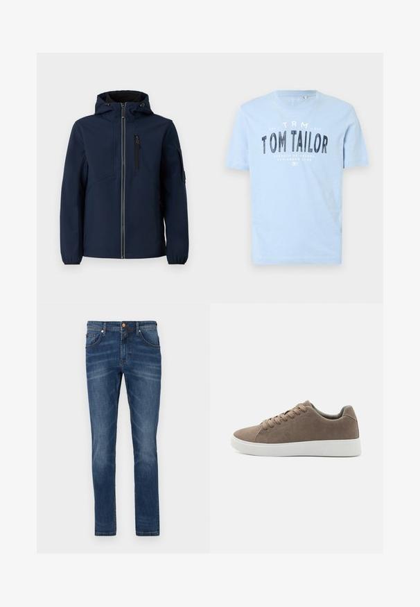 Marineblå softshell-jakke med lynlås foran, justerbar hætte, sidelommer og elastiske manchetter. Glat tekstur med strømlinet design.; Lyseblå bomulds t-shirt med rund halsudskæring og korte ærmer. Den har kraftig sort trykt tekst: "TOM TAILOR" samt yderligere brandingdetaljer.; Mørkeblå denim jeans med lige ben, fem lommer, subtile blegetoner, kontrastsyet og knaplukning i taljen.; Brune ruskinds sneakers med flade hvide gummisåler, snørelukning, rund tå og en glat overflade. Minimalistisk stil med diskrete syninger.