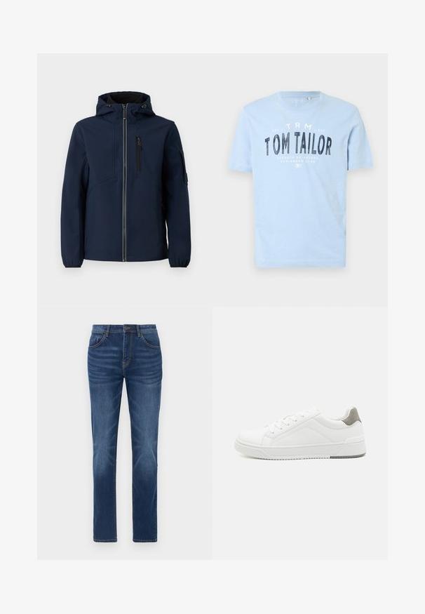 Marineblå softshell-jakke med lynlås foran, justerbar hætte, sidelommer og elastiske manchetter. Glat tekstur med strømlinet design.; Lyseblå bomulds t-shirt med rund halsudskæring og korte ærmer. Den har kraftig sort trykt tekst: "TOM TAILOR" samt yderligere brandingdetaljer.; Mørkeblå denimjeans med en klassisk lige pasform, fem-lomme design og let falmede detaljer på benene. Har knap- og lynlåslukning.; Hvid sneaker lavet af glat læder, rund tå, minimalistisk design, grå hælafsats og tekstureret gummisål.