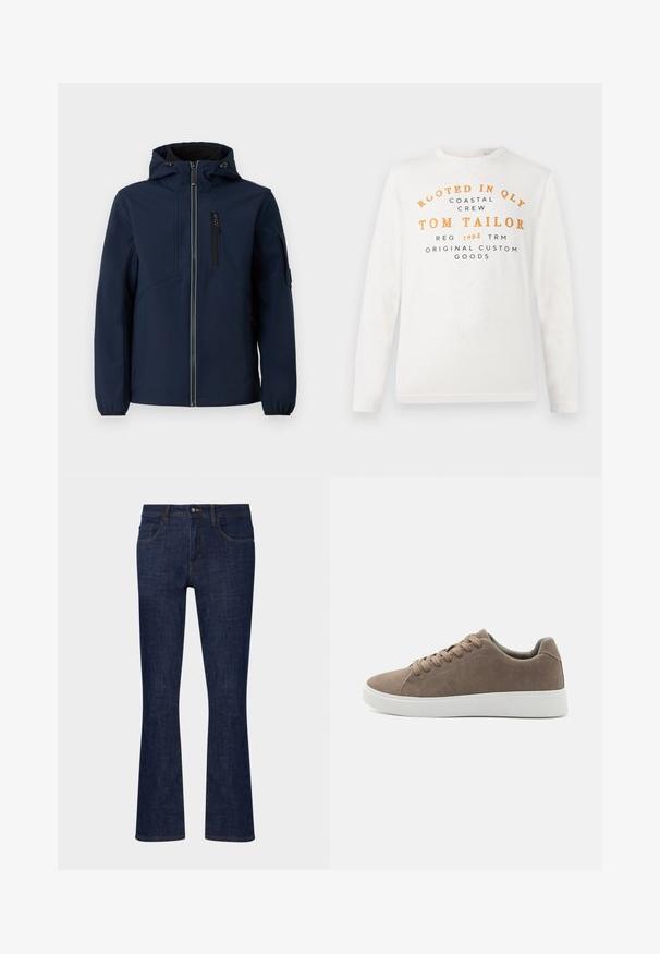 Marineblå softshell-jakke med lynlås foran, justerbar hætte, sidelommer og elastiske manchetter. Glat tekstur med strømlinet design.; Hvid langærmet skjorte med orange og sort tekst, der læser "Rooted in QLY Coastal Crew Tom Tailor Reg 1962 TRM Original Custom Goods" på forsiden.; Mørkeblå denim flare jeans med mellemhøj talje, fem lommer og kontrastsyninger. Glat tekstur med minimal slid.; Brune ruskinds sneakers med flade hvide gummisåler, snørelukning, rund tå og en glat overflade. Minimalistisk stil med diskrete syninger.