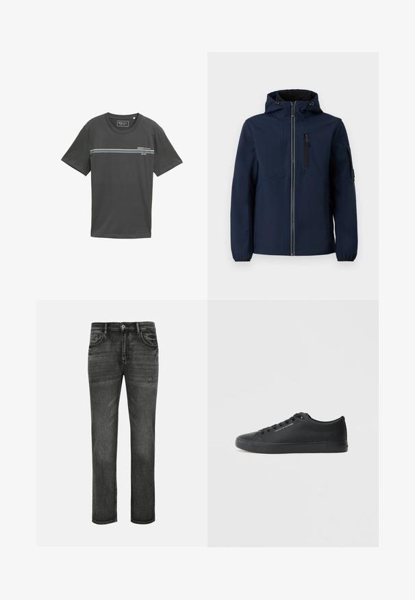 Marineblauwe softshell jacket met een rits aan de voorkant, verstelbare capuchon, zijzakken en elastische manchetten. Gladde textuur met een gestroomlijnd ontwerp.; Grijze katoenen T-shirt met korte mouwen, ronde hals, featuring horizontale strepen in blauw, wit en groen over de borst, met opdruk van het logo.; Zwarte spijkerbroek met rechte pijpen, licht vervaagd en licht beschadigd. Klassiek ontwerp met vijf zakken en standaard knoopsluiting.; Tommy Hilfiger LOGO TRAINERS WITH LEATHER - Sneakers laag - triple black
