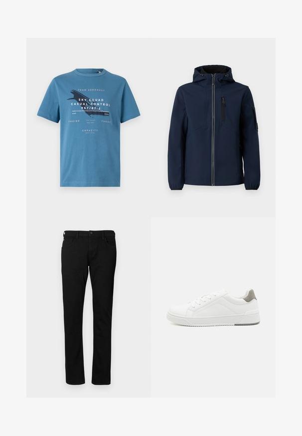 Navyblaue Softshell-Jacke mit Reißverschluss vorne, verstellbarem Kapuzenbereich, seitlichen Taschen und elastischen Bündchen. Glatte Textur mit stromlinienförmigem Design.; Blaues Baumwoll-T-Shirt mit kurzen Ärmeln, das auf der Vorderseite grafischen Text und ein Flugzeugdesign zeigt. Rundhalsausschnitt und normale Passform.; Schwarze Denim-Jeans mit schlanker Passform, ausgestattet mit Fronttaschen, Gürtelschlaufen und einem Knopfverschluss. Glatte Textur in einfarbigem Design.; Weißer Sneaker aus glattem Leder, runde Zehenpartie, minimalistisches Design, graue Fersenkante und strukturierte Gummisohle.