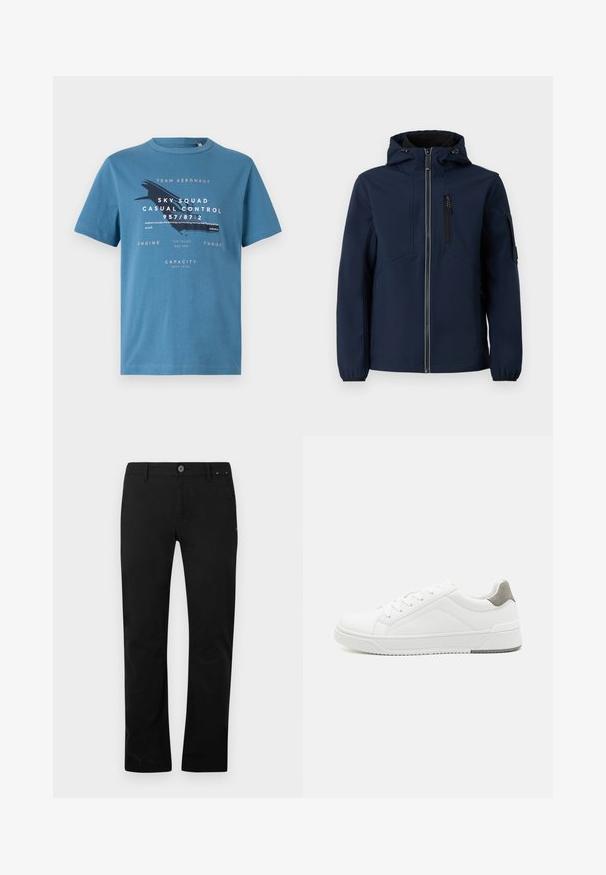 Marineblå softshell-jakke med lynlås foran, justerbar hætte, sidelommer og elastiske manchetter. Glat tekstur med strømlinet design.; Blå bomulds t-shirt med korte ærmer, med grafisk tekst og et flydesign på forsiden. Rund hals og regular fit.; Sorte lige bukser med knap- og lynlåslukning, bæltestropper og sidelommer, præsenteret på en hvid baggrund.; Hvid sneaker lavet af glat læder, rund tå, minimalistisk design, grå hælafsats og tekstureret gummisål.