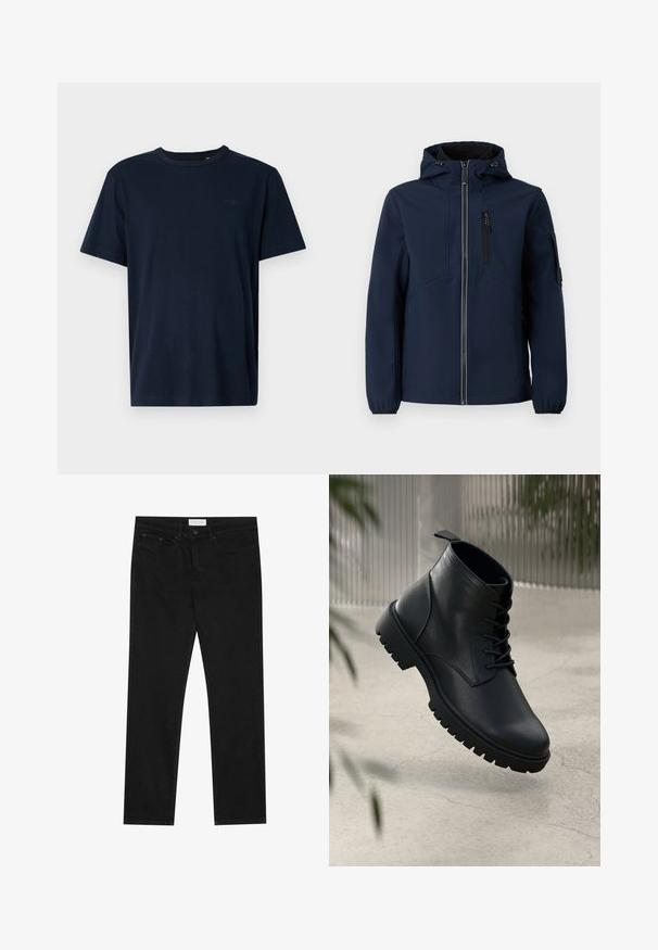 Veste softshell bleu marine avec fermeture éclair sur le devant, capuche réglable, poches latérales et poignets élastiques. Texture lisse avec un design épuré.; T-shirt bleu marine à manches courtes en tissu doux, avec un col rond, et un petit logo ainsi que l'année "1962" imprimés sur la poitrine.; Jean droit noir avec un design à cinq poches, fermeture à bouton et zip, et une étiquette de marque Pier One sur la taille.; Bottines en cuir noir avec un bout rond, un laçage, et une semelle en caoutchouc robuste. Texture lisse avec une languette à l'arrière.