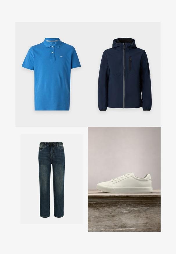 Marineblauwe softshell jacket met een rits aan de voorkant, verstelbare capuchon, zijzakken en elastische manchetten. Gladde textuur met een gestroomlijnd ontwerp.; Blauwe poloshirt van katoen, met een kraag, een sluiting met twee knopen, korte mouwen en een klein logo op de borst.; Donkerblauwe spijkerbroeken van denim met elastische tailleband en zwart-wit aantrekkoord, rechte pijpen en voorzakken.; Witte vetersneaker die boven een houten bank zweeft met groene bladeren op de achtergrond, waarbij het ontwerp en de textuur van de schoen worden getoond.