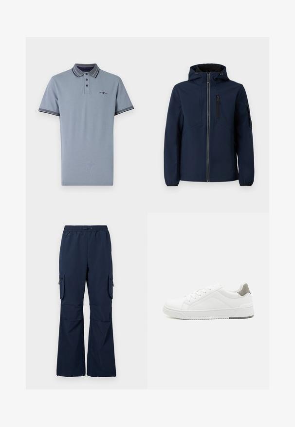 Marineblauwe softshell jacket met een rits aan de voorkant, verstelbare capuchon, zijzakken en elastische manchetten. Gladde textuur met een gestroomlijnd ontwerp.; Polo shirt in lichtblauw katoen, met een contrasterende kraag met marineblauwe accenten, een placket met twee knopen en een klein logo op de borst.; Marine cargobroek gemaakt van lichtgewicht stof, voorzien van een trekkoord in de taille, twee zijzakken en ritscargozakken op beide benen.; Witte sneaker van glad leer met een ronde neus, minimalistisch ontwerp, grijze hielaccent en een geplaatste rubberen zool.